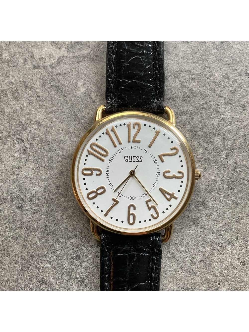 Vintage Guess Unisex Watch 40mm Gold Tone Case White Dial Black Leather Band A5
